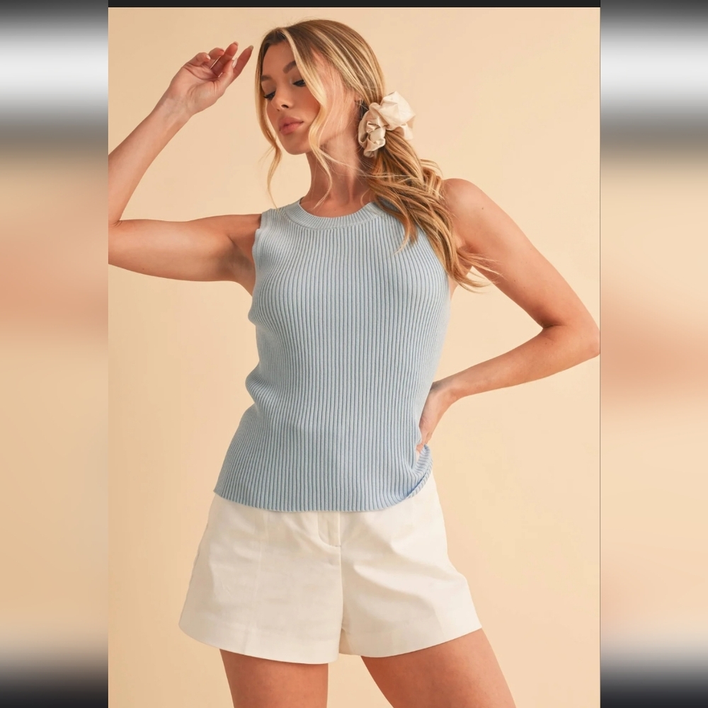 Aemi + Co Light Blue Ribbed Knit Round Neck Tank Top Stretchy 100% Rayon L